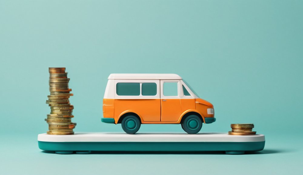A balance scale with a small delivery van on one side and coins on the other