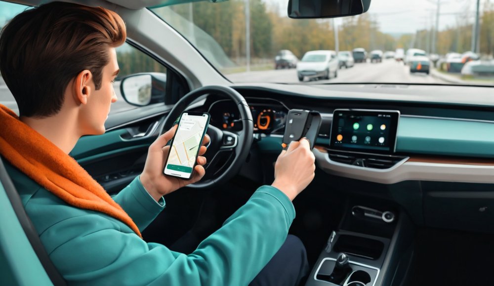 A new delivery driver mounting a phone on a car dashboard with parcels on the passenger seat