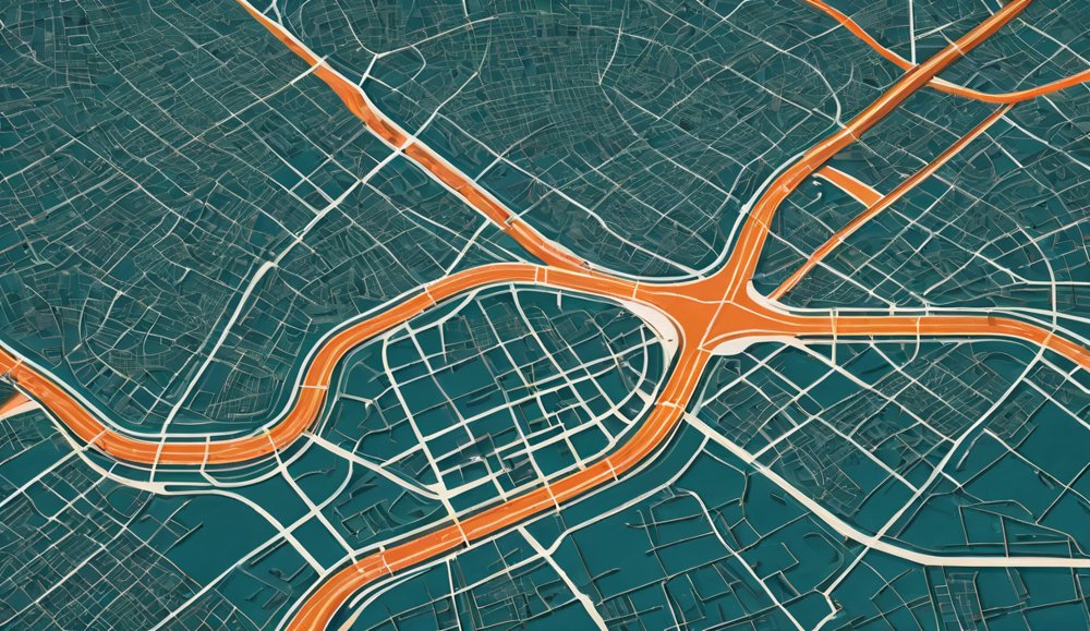 A top-down city map with a glowing route line connecting several pins