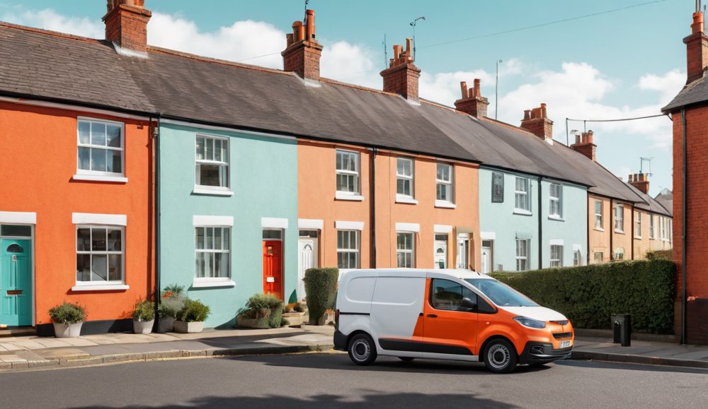 A small white delivery van parked beside a red pillar box on a British street