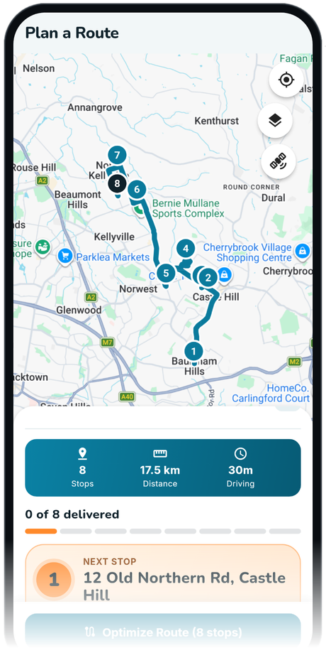 MiliRoute Android app showing an optimized delivery route on a map
