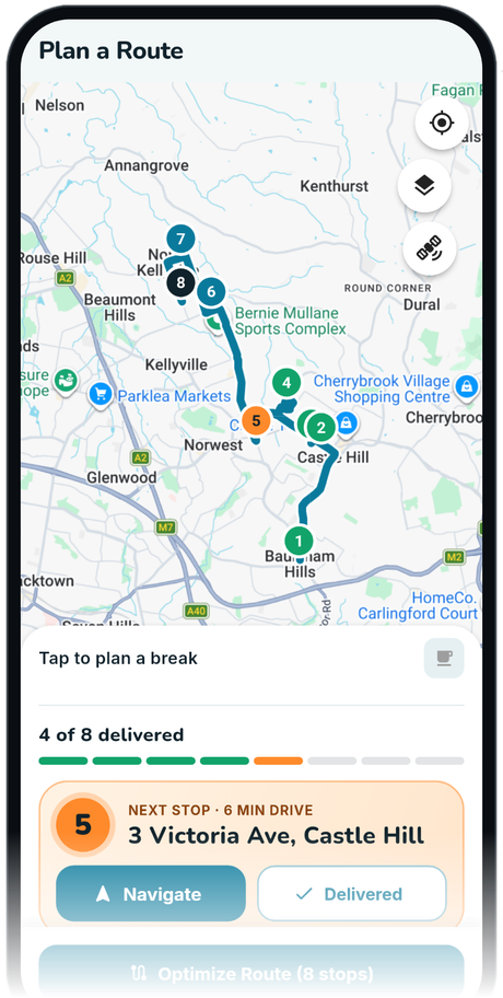 MiliRoute Android app showing the next stop with Navigate and Delivered buttons