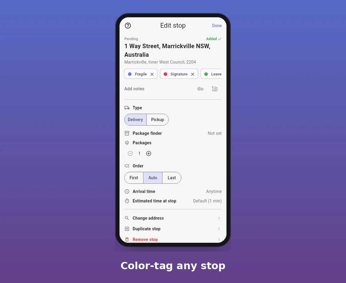 MiliRoute's Edit Stop screen showing colored tag chips — Fragile, Signature, and more — assigned to a delivery address