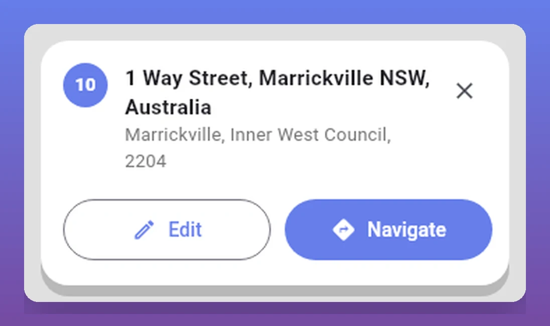A stop's quick-action card on the map, showing the address plus Edit and Navigate buttons