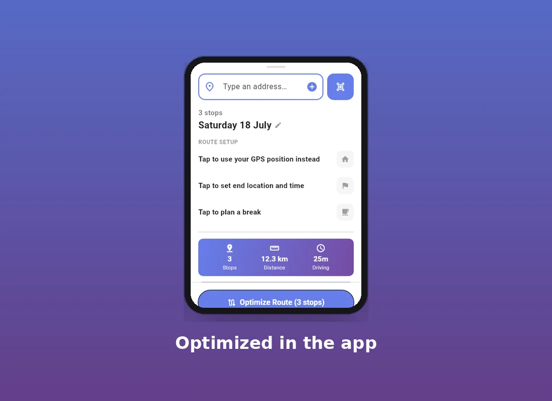 The MiliRoute app showing stops just added and ready to optimize
