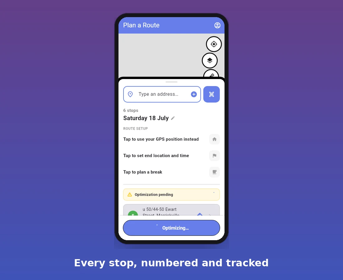 The stop list showing an "Optimization pending" banner above a numbered set of delivery stops