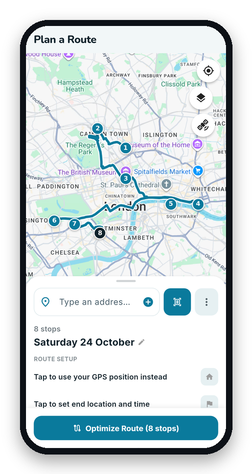 MiliRoute on Android showing an optimized 8-stop route in London