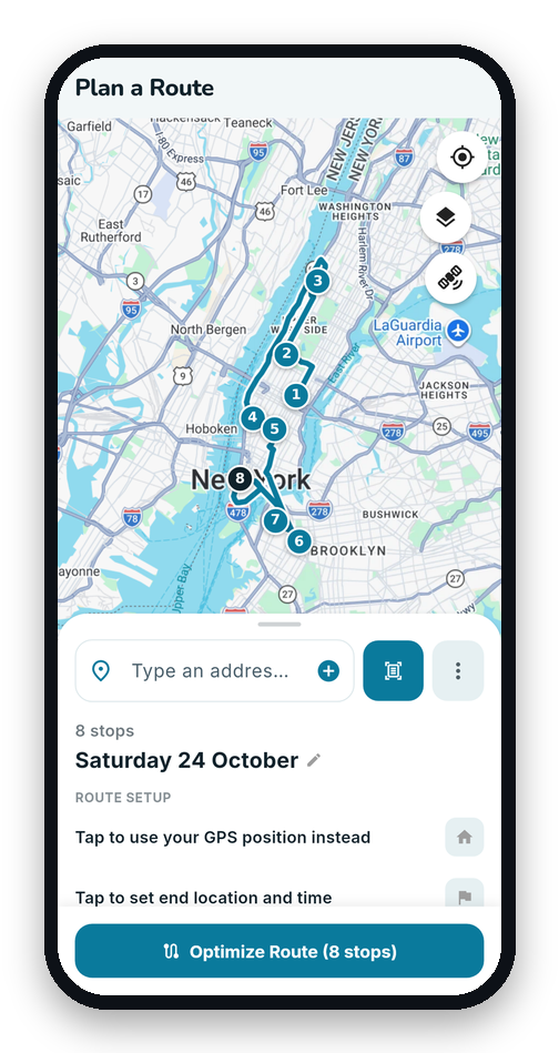 MiliRoute on Android showing an optimized 8-stop route in New York: 37.9 km and 1 h 59 min of driving
