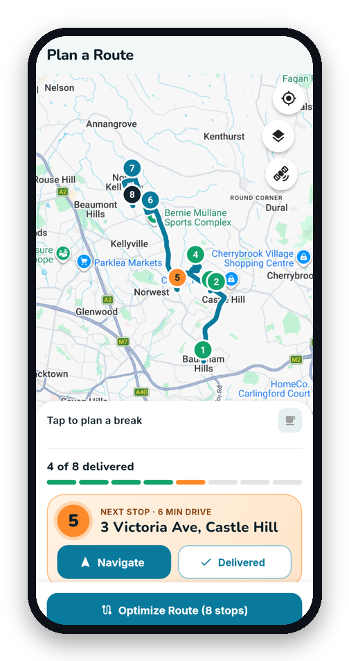 MiliRoute on Android showing the next stop of a route with a Navigate button