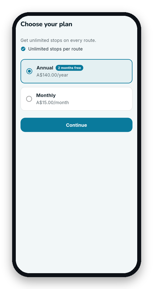 MiliRoute's plan screen showing an annual plan at A$140 a year and a monthly plan at A$15 a month