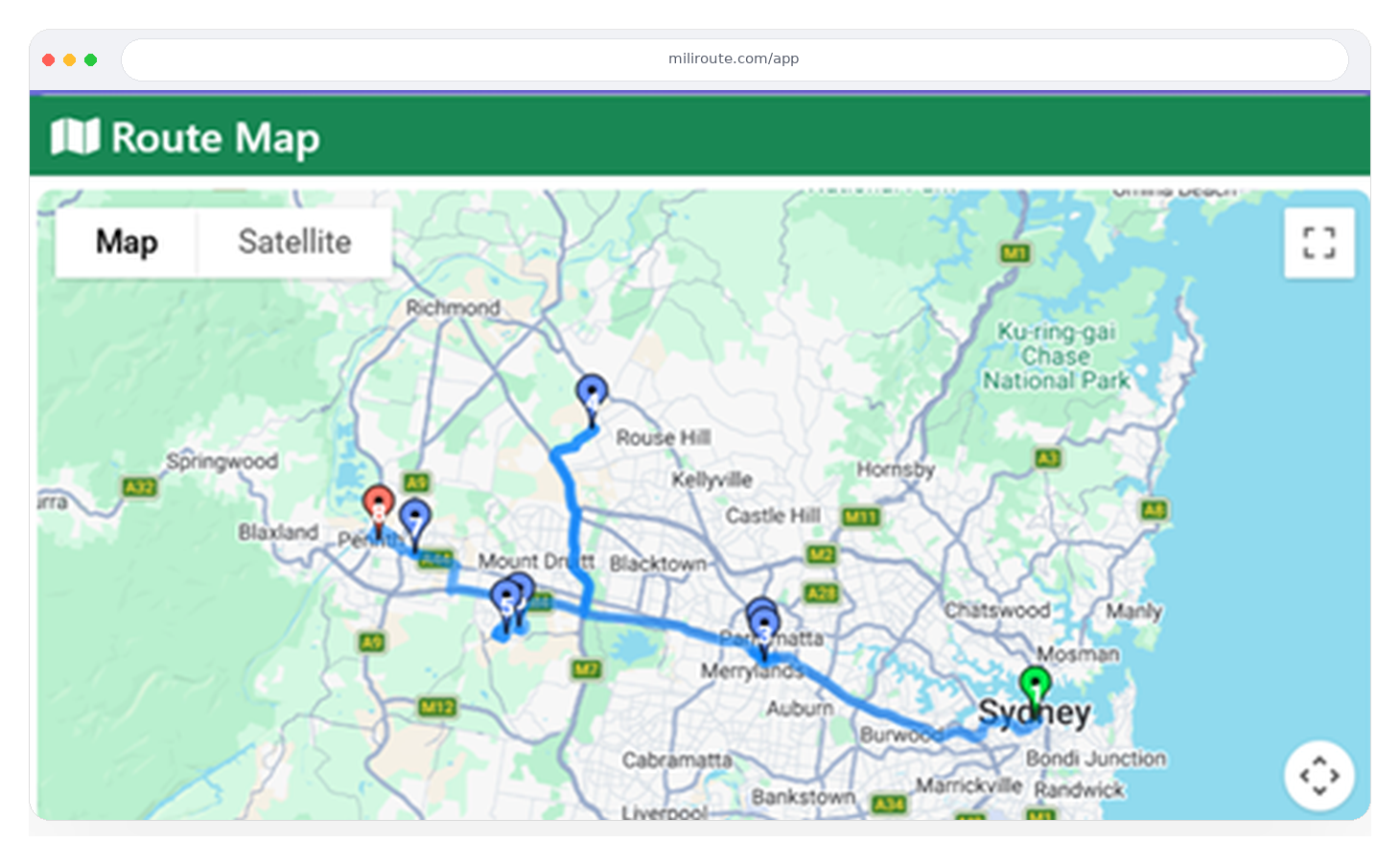 MiliRoute route optimization dashboard showing an optimized delivery route across Sydney with distance and duration