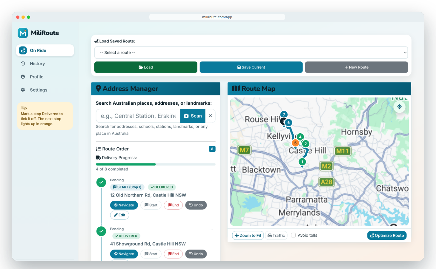 MiliRoute route optimization dashboard showing an optimized delivery route across Sydney with distance and duration