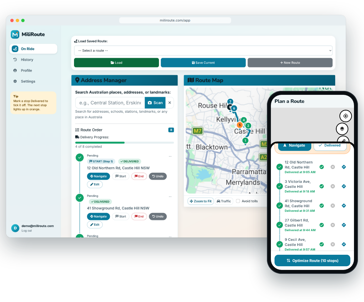 MiliRoute route map on the web next to the mobile app's route setup screen, showing an optimized 3-stop route
