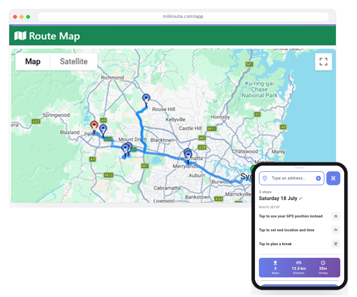 MiliRoute route map on the web next to the mobile app's route setup screen, showing an optimized 3-stop route