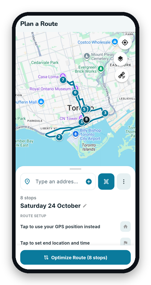 MiliRoute app showing an optimized Toronto delivery route