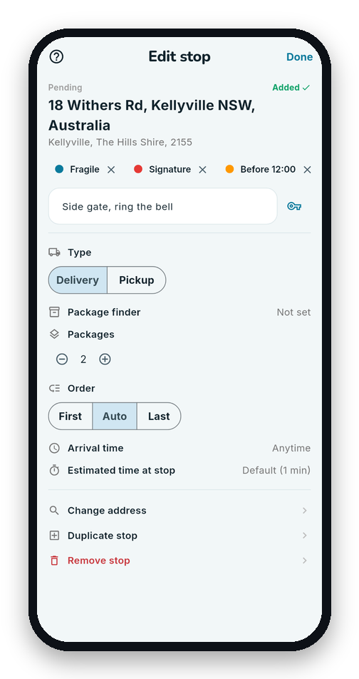 MiliRoute app screen for entering and editing a delivery stop address