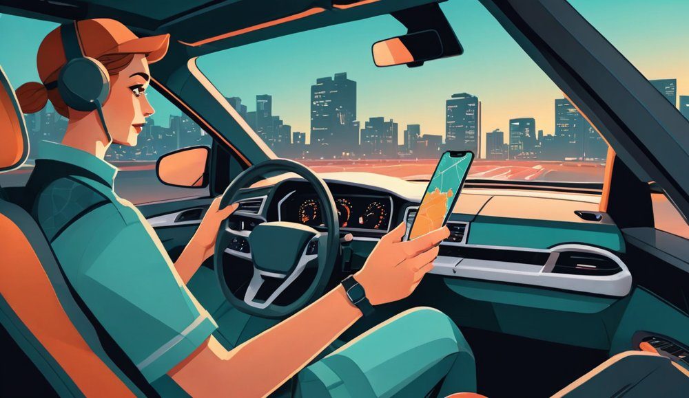 Gig delivery driver checking a route on a phone in the car