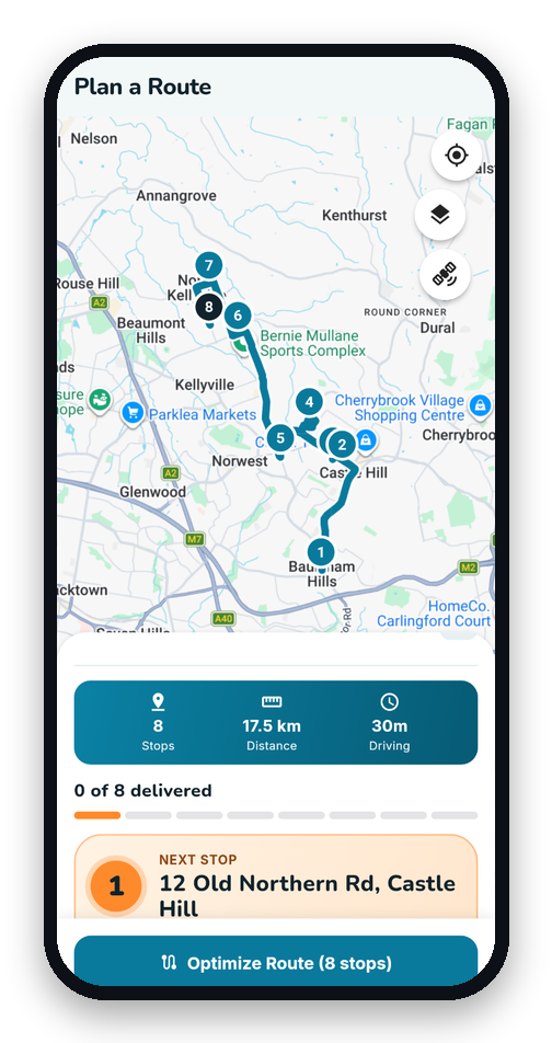 MiliRoute app screen showing an optimized delivery route with distance and time