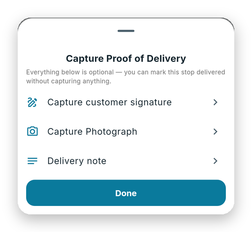 MiliRoute proof of delivery sheet for signature, photo or note